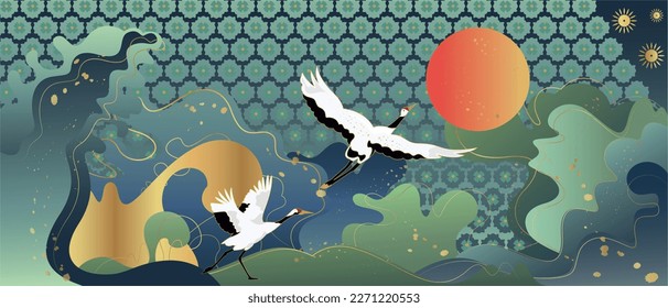  Vector poster with a Japanese theme. Line art style. Abstract art background vector. Japanese cranes.