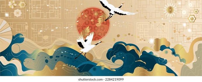 Vector poster with a Japanese theme. Line art style. Abstract art background vector. Japanese cranes.