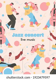 Vector poster of Jazz Concert and Live Music concept. Group of musicians performing at festival. Saxophonist, drummer, trumpet player. Event invitation. Character illustration of advertising banner