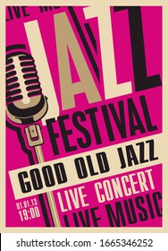 Vector poster for a jazz festival or concert of live music with a microphone in retro style on the crimson background with place for text. Good old jazz.