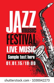 Vector poster for a jazz festival of live music with saxophone and abstract artistic swirls on a red background