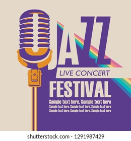 Vector poster for a jazz festival live music with a microphone, rainbow rays and place for text in retro style