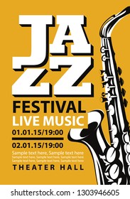 Vector poster for a jazz festival of live music with a saxophone and place for text in retro style on yellow background