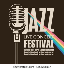 Vector poster for a jazz festival of live music with a microphone, rainbow rays and place for text in retro style on the black background