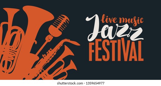 Vector poster for a jazz festival of live music in retro style on black background with wind instruments, saxophone, microphone and inscriptions