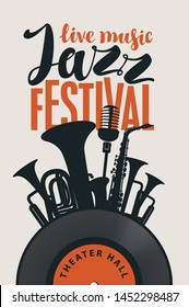 Vector poster for a jazz festival of live music in retro style on light background with vinyl record, wind instruments, saxophone, microphone and inscriptions