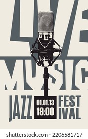 Vektorplakat für Jazzfestival oder Live-Musikkonzert mit einem Mikrofon im Retro-Stil. Guter alter Jazz, Musiksammlung. Geeignet für Flyer, Einladungen, Banner, Werbung