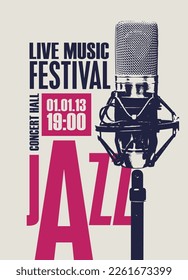 Vektorplakat für Jazzfestival oder Live-Musikkonzert mit einem Mikrofon im Retro-Stil. Guter alter Jazz, Musiksammlung. Geeignet für Flyer, Einladungen, Banner, Werbung