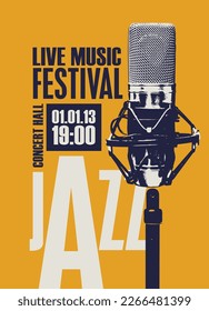 Afiche vectorial para el festival de jazz o concierto de música en directo con micrófono de estilo retro. Buen jazz antiguo, colección musical. Adecuado para volantes, invitaciones, banners, publicidad