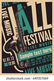 afiche vectorial para un festival de jazz con música en vivo con saxofón y lugar para texto en estilo retro