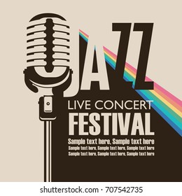 Vector poster for a jazz festival live music with a microphone, rainbow rays and place for text in retro style