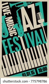 Vector poster for a jazz festival live music with saxophone, wind instruments, microphone and keys of the piano on black background