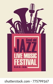 Vector poster for a jazz festival live music with saxophone, wind instruments and a microphone in retro style on white background