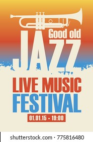 Vector poster for a jazz festival live music with a picture of a trumpet on abstract background with the colors of the sunset