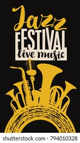 Vector poster for a jazz festival live music with yellow silhouettes of saxophone, wind instruments, microphone and vinyl record in retro style on black background