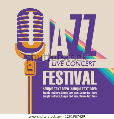 Vector poster for a jazz festival live music with a microphone, rainbow rays and place for text in retro style