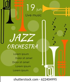 Vector poster for the jazz festival with music instruments. Perfect for music events, jazz concerts. 