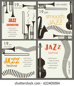 Afiche vectorial del festival de jazz con instrumentos musicales. Perfecto para eventos musicales, conciertos de jazz. 