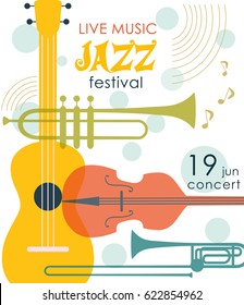 Cartel vectorial del festival de jazz con instrumentos musicales. Perfecto para eventos musicales, conciertos de jazz. 