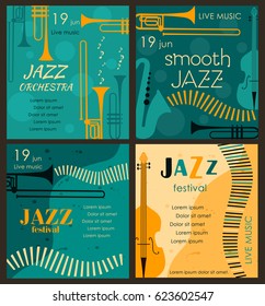 Cartel vectorial del festival de jazz con instrumentos musicales. Perfecto para eventos musicales, conciertos de jazz. 