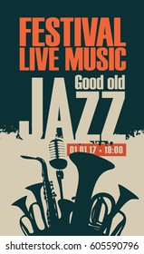 afiche vectorial para el festival de jazz con saxofón, instrumentos de viento y micrófono