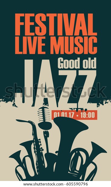 vector poster for the jazz festival with\
saxophone, wind instruments and a\
microphone