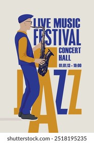 Cartel de Vector para el festival de música en vivo de jazz con dibujo de saxofonista con saxofón en estilo retro. Anuncio de música, flyer, invitación y ticket