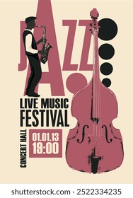 Cartel de Vector para el festival de música en vivo de jazz con dibujo de saxofonista con saxofón y contrabajo en estilo retro. Anuncio de música, flyer, invitación y ticket