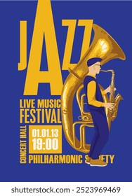 Cartel de Vector para el festival de música en vivo de jazz con dibujo de saxofonista con saxofón y tuba en estilo retro. Anuncio de música, flyer, invitación y ticket