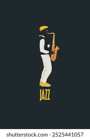 Cartel de Vector para el festival de música en vivo de jazz con dibujo de saxofonista con saxofón en estilo retro. Anuncio de música, flyer, invitación y ticket