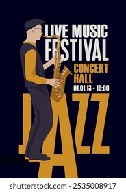 cartaz vetorial para o festival de jazz de música ao vivo com desenho de saxofonista com saxofone em estilo retro. Banner de música, folheto, convite e bilhete