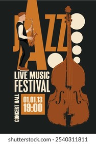 cartaz vetorial para o festival de jazz live music com desenho de saxofonista com saxofone e contrabaixo em estilo retro. Banner de música, folheto, convite e bilhete