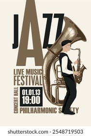 cartaz vetorial para o festival de jazz live music com desenho de saxofonista com saxofone e tuba em estilo retro. Banner de música, folheto, convite e bilhete