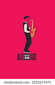 cartaz vetorial para o festival de jazz de música ao vivo com desenho de saxofonista com saxofone em estilo retro. Banner de música, folheto, convite e bilhete