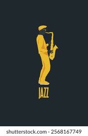 vector poster for jazz live music festival with drawing of saxophonist with saxophone in retro style. Music banner, flyer, invitation and ticket