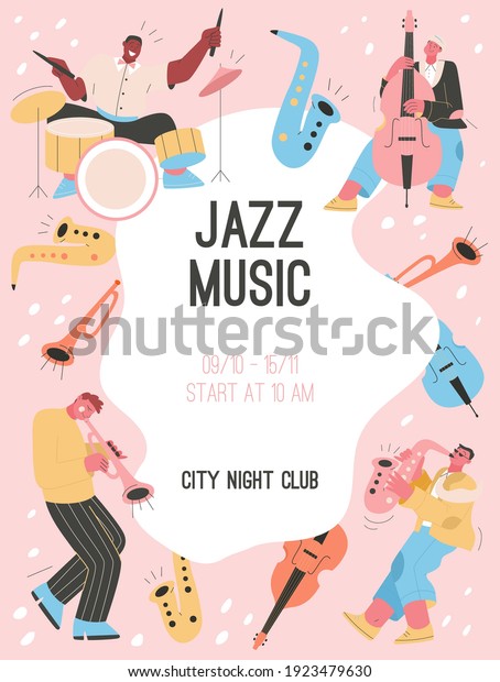 Vector poster of Jazz Music at City Night Club\
concept. Group of musicians performing at festival. Drummer,\
Saxophonist, trumpet and double bass player. Character illustration\
of advertising banner
