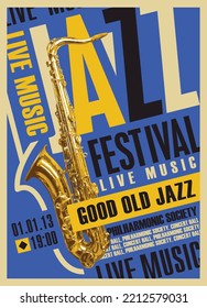 Vektorplakat für Jazzmusikfestival und Live-Musikkonzert mit goldenem Saxophon und Inschriften. Musikbanner, Flyer, Cover, Einladung, Ticket auf Retro-Hintergrund