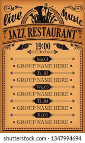 Vector Poster For Jazz Restaurant With Live Music. A Daily Schedule Of Performances Of Music Groups In Retro Style