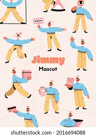 Vector poster of Jimmy mascot design concept. Colorful banner with pattern of happy male mascot standing in different poses and emotional gesturing. Illustration with abstract drawing character