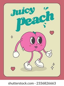Vector poster with juicy peach in groovy style on yellow background. Retro 70s-80s cartoon character for projects.