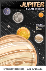 Vector Poster for Jupiter, vertical banner with illustration of rotating sphere satellites around jupiter planet on black starry background, decorative a4 leaflet with words jupiter - solar system