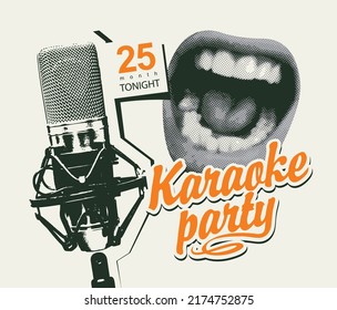 Vector poster for karaoke party in retro style with a singing mouth, a studio microphone and a calligraphic inscription. Suitable for advertising poster, music banner, flyer, invitation, ticket