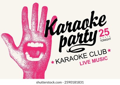 Vector poster for karaoke party in retro style with singing mouth on palm hand and calligraphy lettering. Suitable for advertising poster, music banner, flyer, invitation, ticket