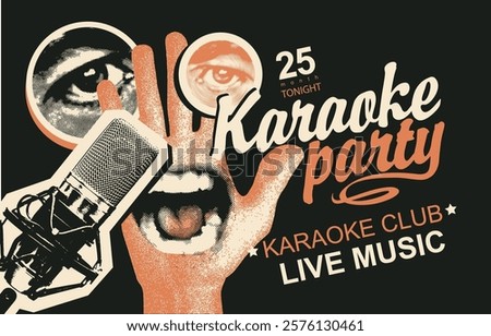 Vector poster for karaoke party in retro style with singing mouth, hand, studio microphone and calligraphy lettering. Suitable for advertising poster, music banner, flyer, invitation, ticket
