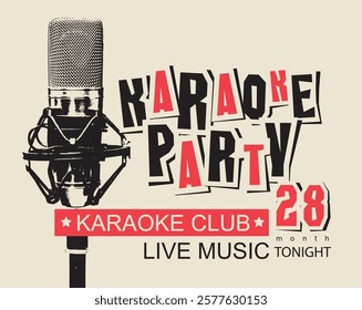 Vector poster for karaoke party in vintage style with studio microphone and lettering. Suitable for advertising poster, music banner, flyer, invitation, ticket