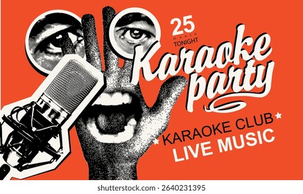 Vector poster for karaoke party in vintage style with singing mouth, hand, studio microphone and calligraphy lettering. Suitable for promotional music banner, flyer, invitation, ticket. No AI used