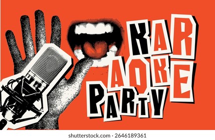 Cartaz vetor para festa de karaokê em estilo vintage com boca cantando, mão, microfone de estúdio e inscrição. Adequado para faixa de música promocional, folheto, convite, ingresso. Nenhuma IA usada