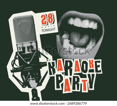 Vector poster for karaoke party in vintage style with singing mouth, hand, studio microphone and calligraphy lettering. Suitable for promotional music banner, flyer, invitation, ticket. No AI used