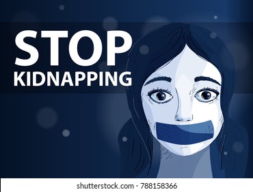 vector poster. Kidnapping. Girl whose mouth is taped with tape.