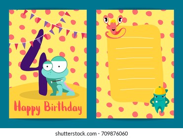 Vector poster kids happy birthday card with cute cartoon monsters and age four number illustration